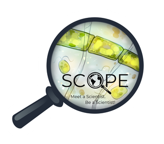 Colorful sticker design for SCOPE science outreach program featuring playful scientific imagery for middle school students