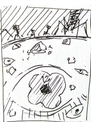 Scientific illustration process step 1: Initial concept sketch showing rough ideas and composition planning