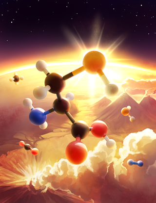 Scientific illustration of Archean Earth atmosphere showing organic sulfur haze formation and early planetary chemistry for PNAS journal cover